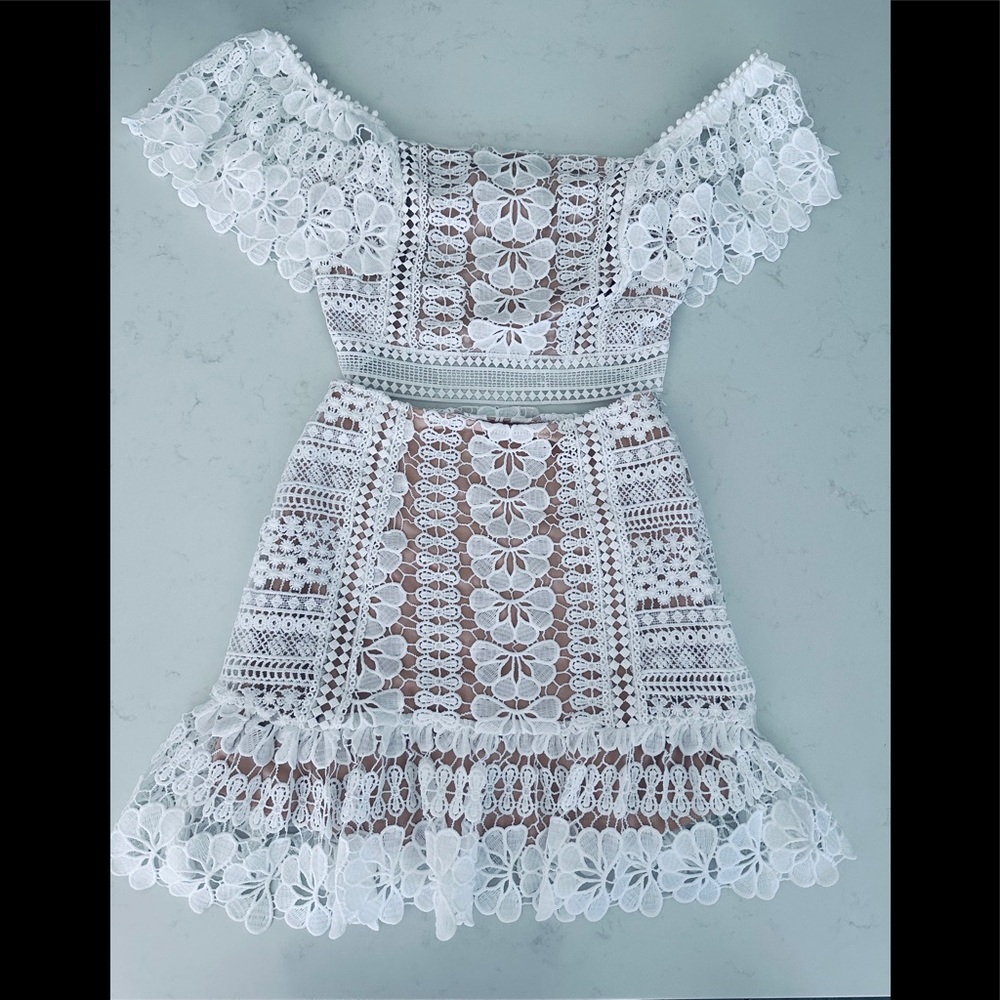 Luxxel White Lace Off-Shoulder Skirt Set